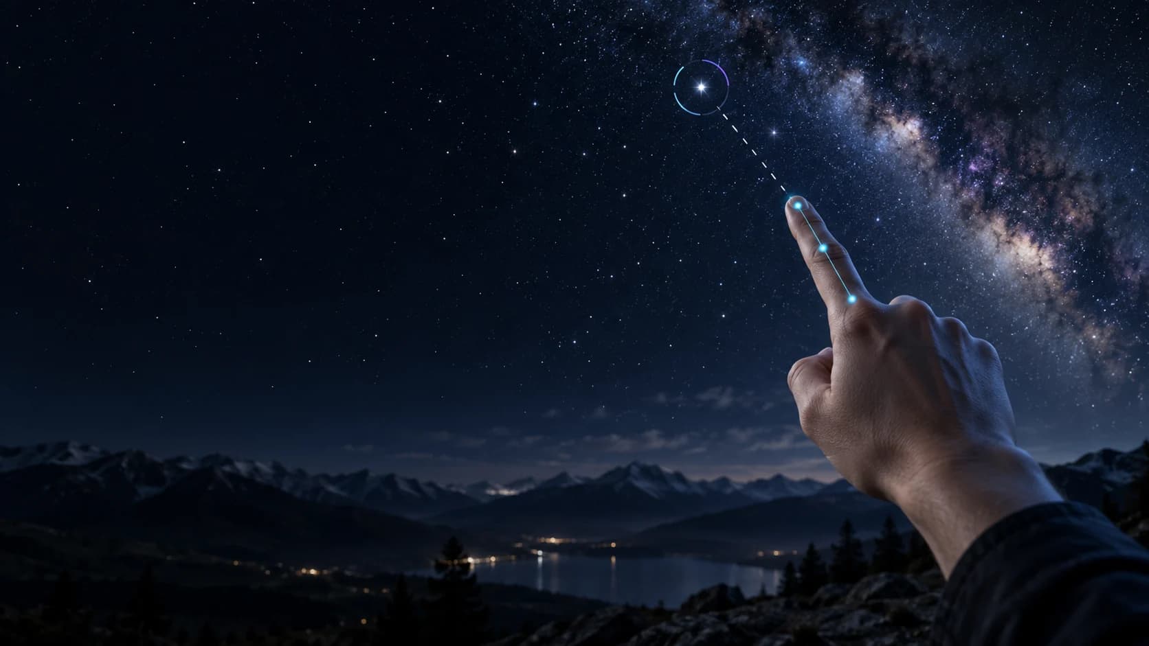 A hand points toward the night sky; small glowing tracking points along the finger and a dashed line lead to a circled star