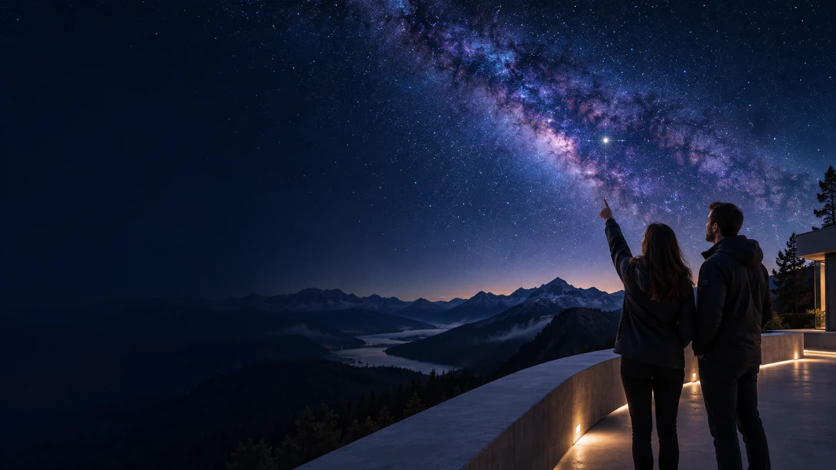 Two people on a softly lit observatory terrace above a mountain valley, one pointing up at a highlighted star in the Milky Way