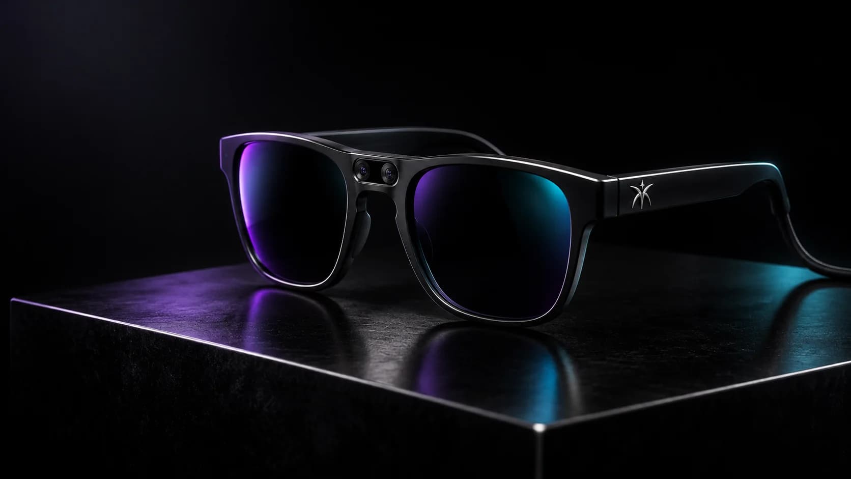 Umbra eyewear concept in black on a dark plinth