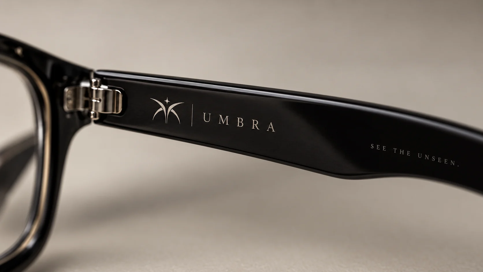 Close-up concept render of the Umbra temple arm, showing the engraved emblem, a fine divider and the UMBRA name